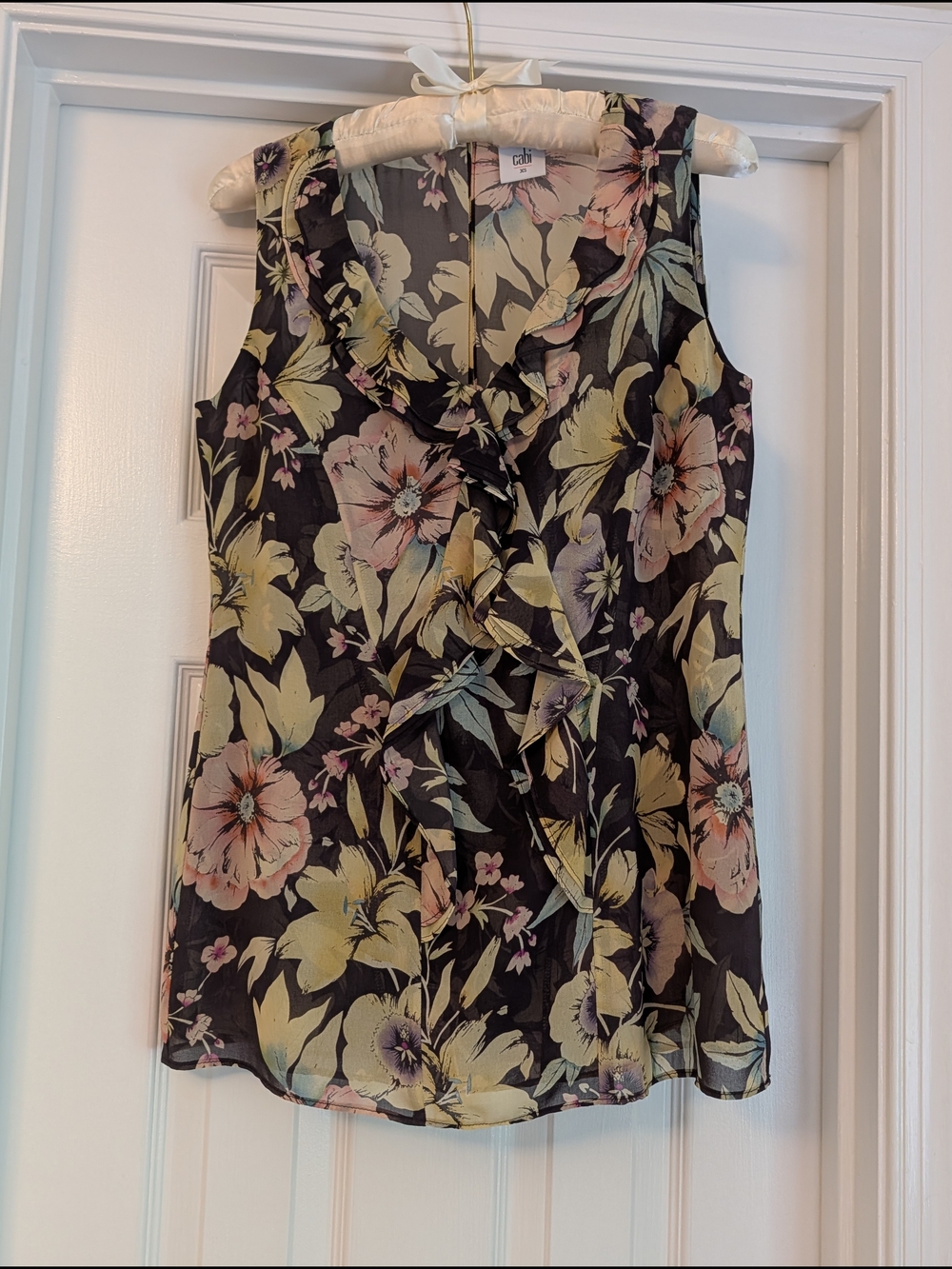 CAbi Floral Chiffon Ruffle Camisole with Peach Yellow And Green Blooms